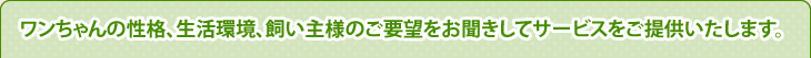 ワンちゃんの性格、生活環境、飼い主様のご要望をお聞きしてサービスをご提供いたします。